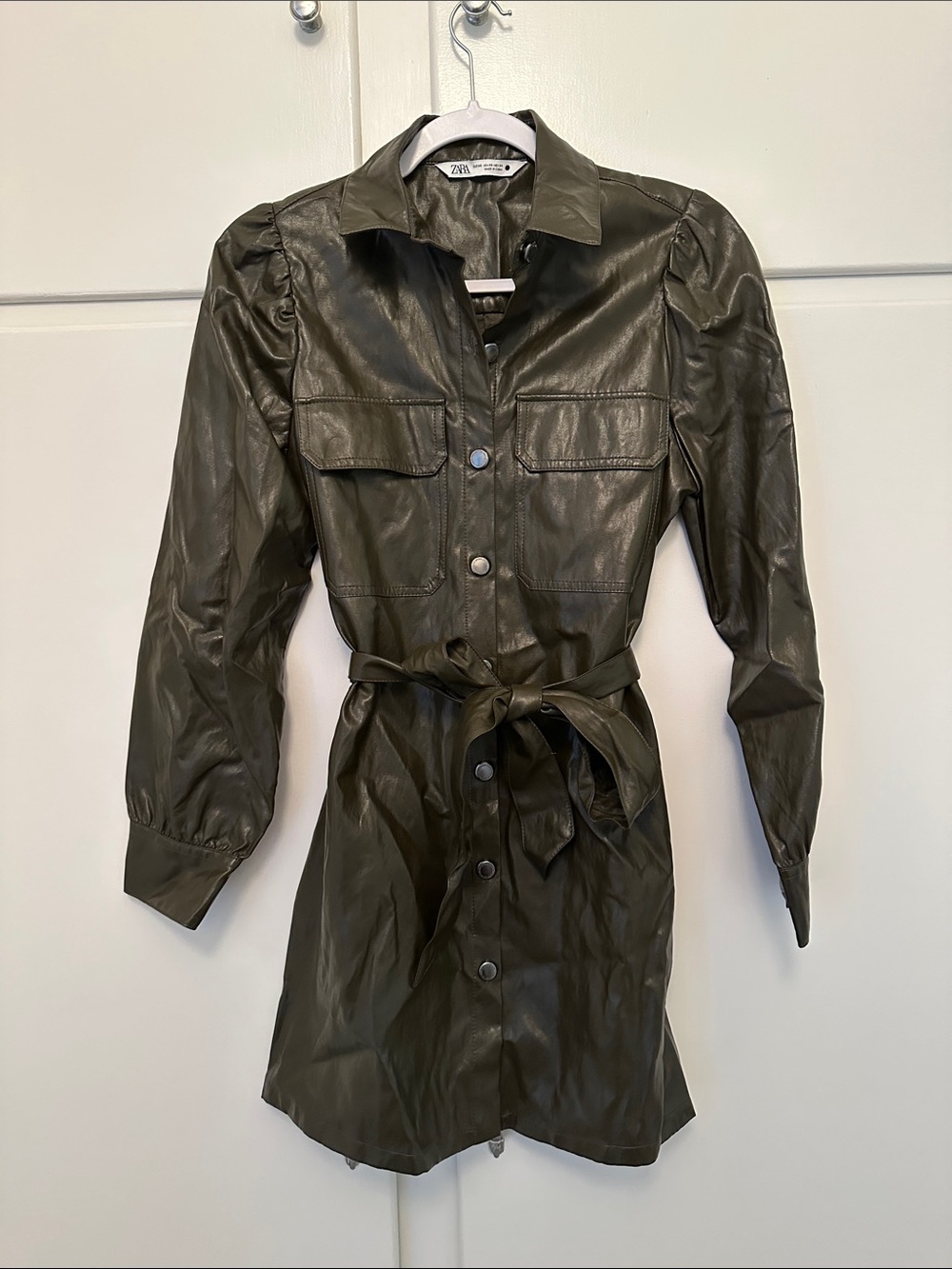 LIKE NEW Zara Green Faux Leather Button Down Dress with Belt